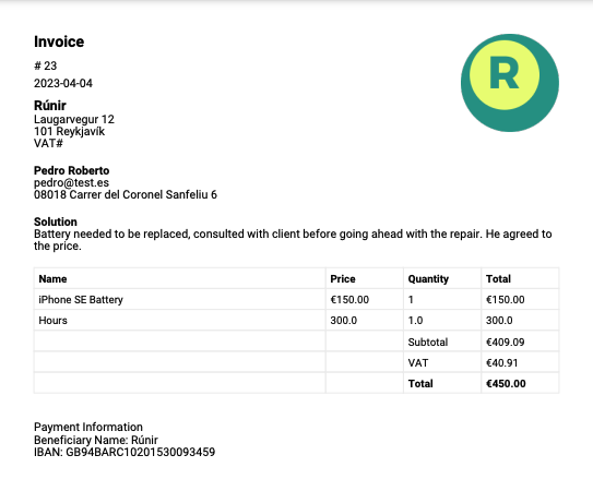 Create invoices with Repero the repair management software