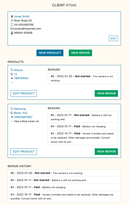 Easily follow client history using repair management system