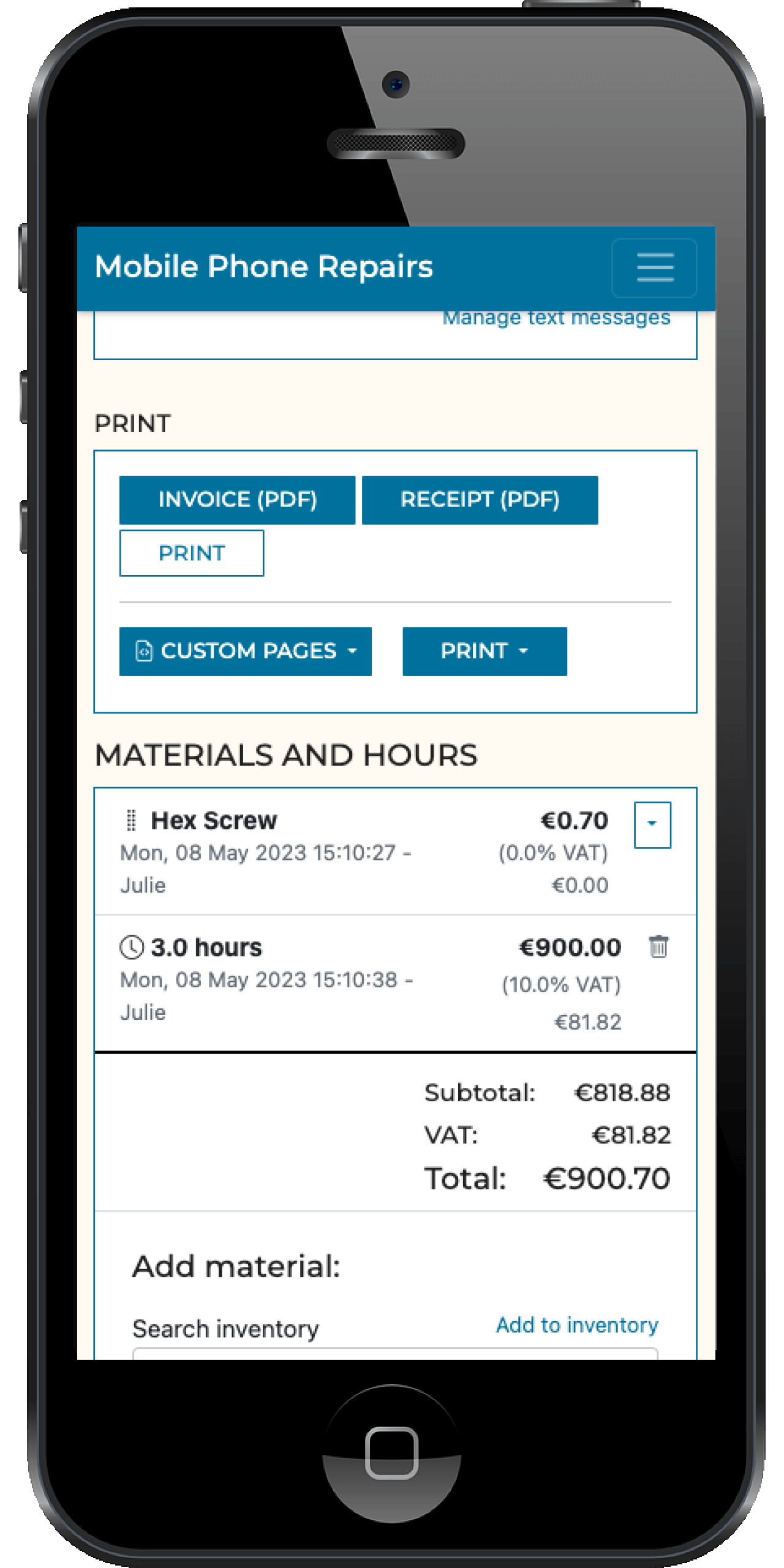 Add materials, in a cell phone repair shop management software