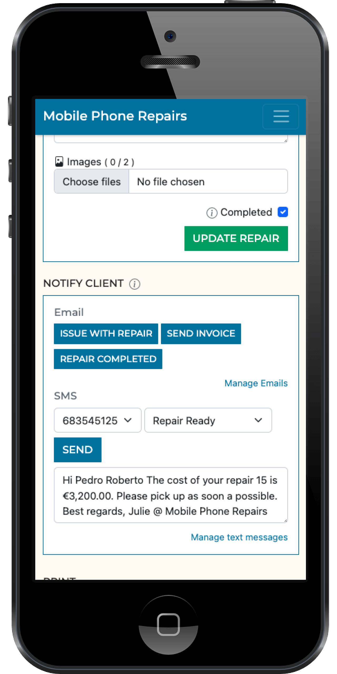 Send SMS from a bicycle repair management software and CRM