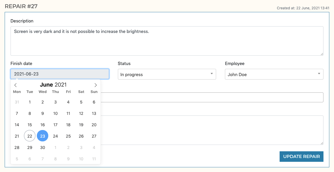 Set a custom finish date using our repair ticket management software